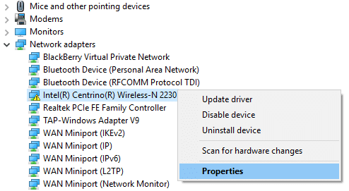right-click on network adapter and select Properties