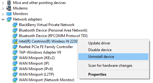 right click on network adapter and select uninstall
