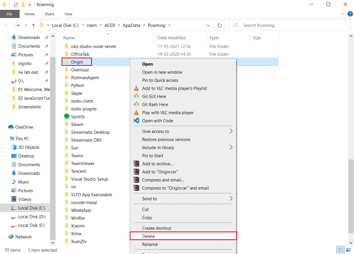right click on Origin folder and select delete option. Fix Origin Error 65546:0 in Windows 10