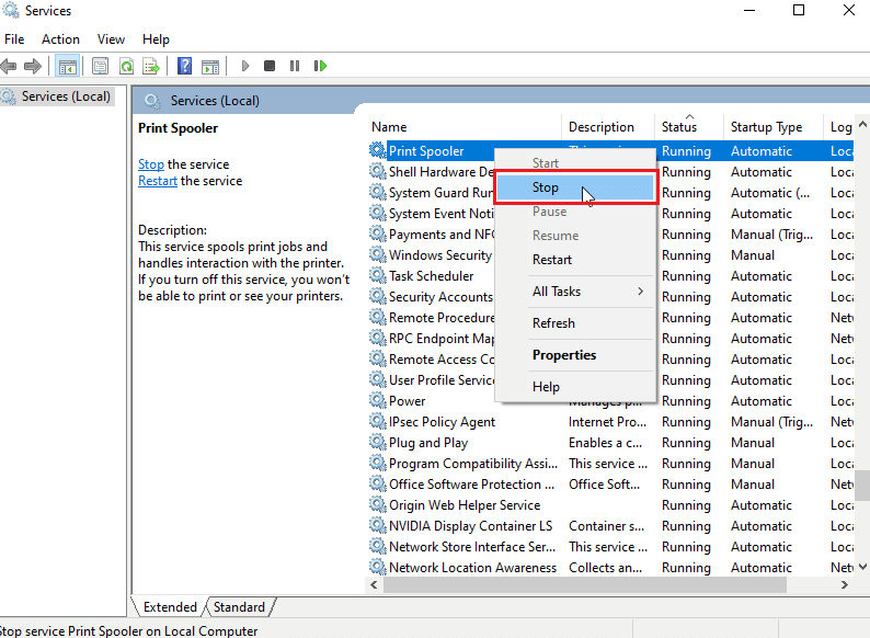 click on Stop to stop the service. Fix Printer Installation Issues in Windows 10