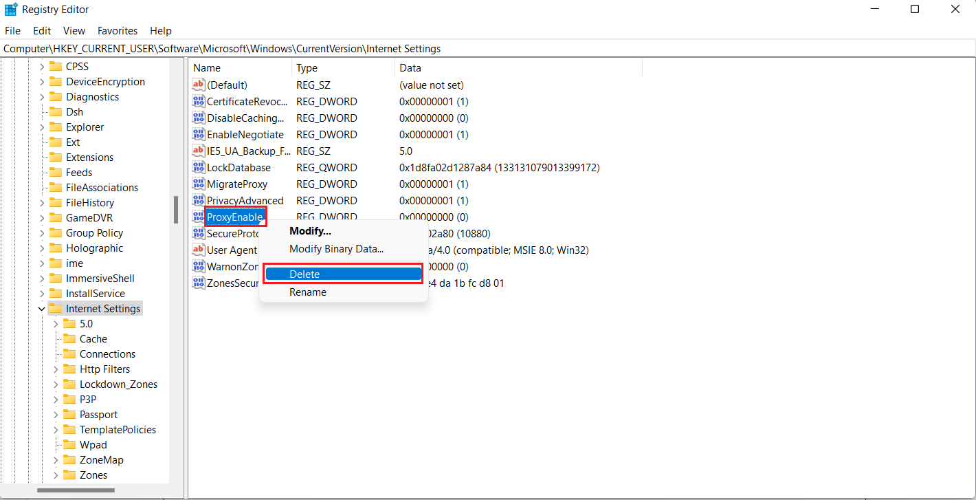 Right click on ProxyEnable and select Delete. Fix Err Proxy Connection Failed Chrome Error
