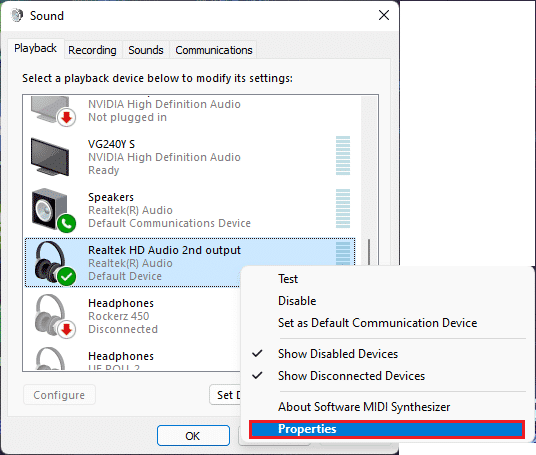 right click on realtek hd audio device and select Properties in Sound Playback tab Windows 11