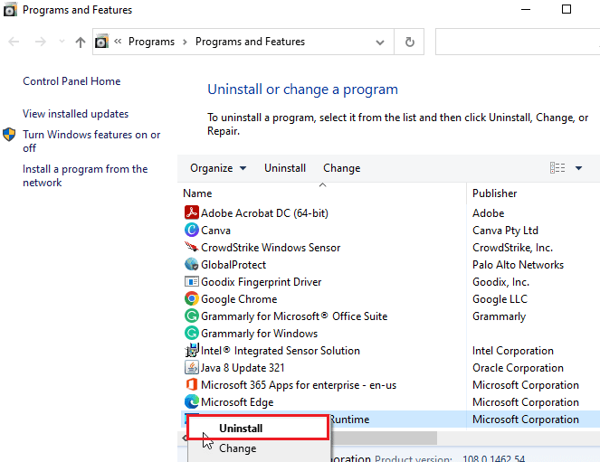 right-click on the AnyConnect option and tap on Uninstall from the context menu