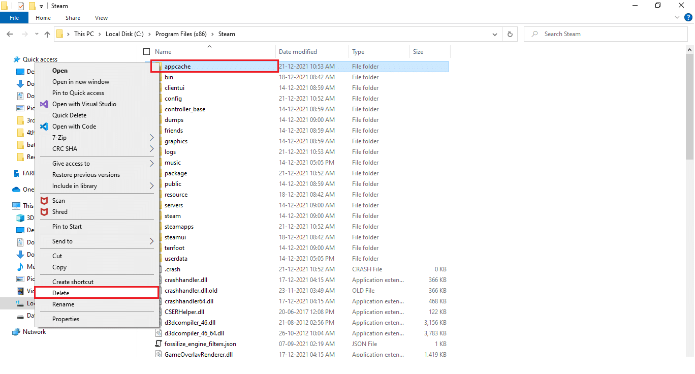 Right click on the appcache folder and choose Delete.