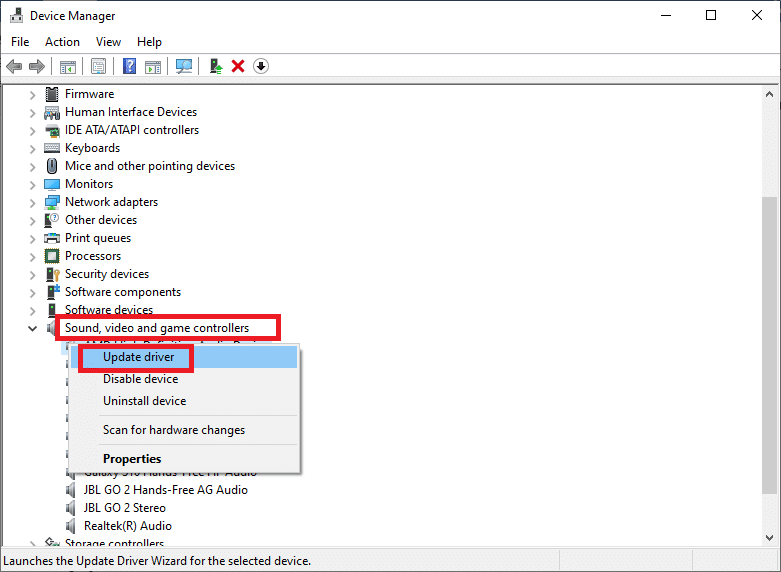 Right-click on the audio device and choose Update driver