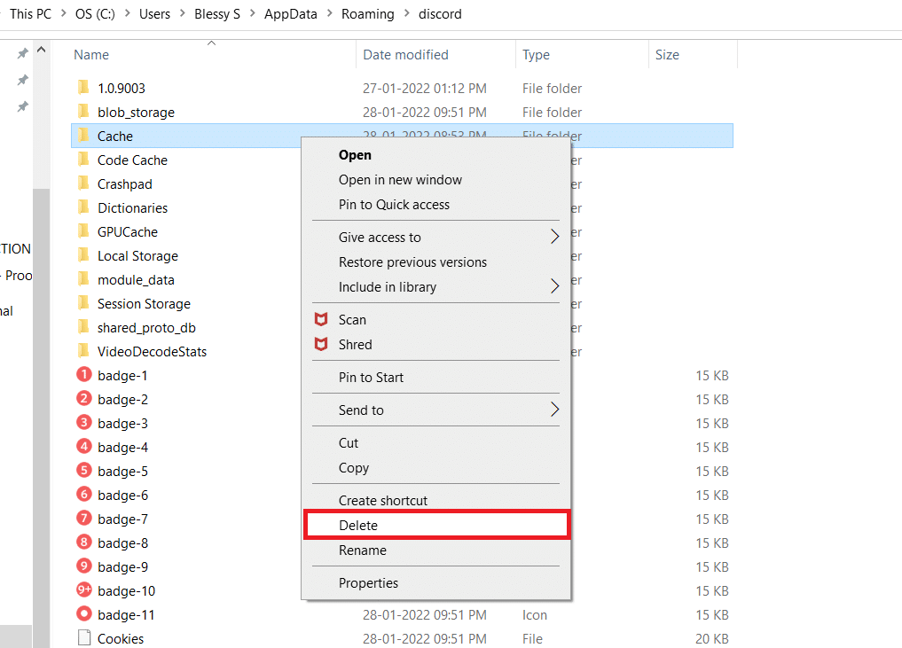 Right-click on the Cache folder and select Delete