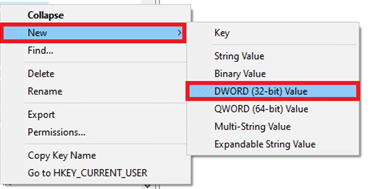 Right click on the empty area and click New. Choose DWORD 32 bit Value from the menu.