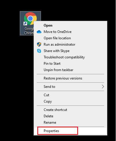 Right-click on the Google Chrome shortcut on the desktop and click on Properties