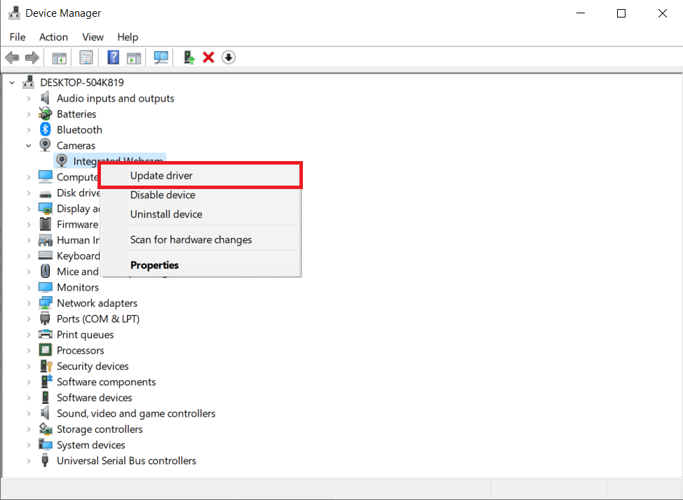 Right click on the Integrated webcam and click Update driver