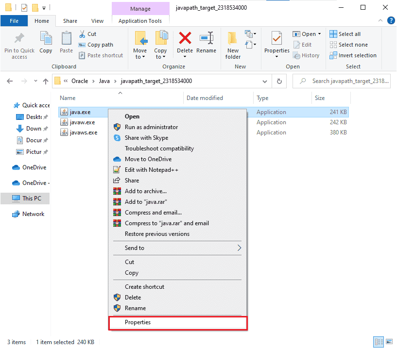 Java.exe 파일을 마우스 오른쪽 버튼으로 클릭하고 속성 옵션을 선택합니다.