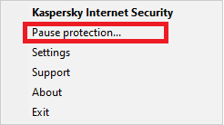 . Right-click on the Kaspersky protection and select Pause protection.