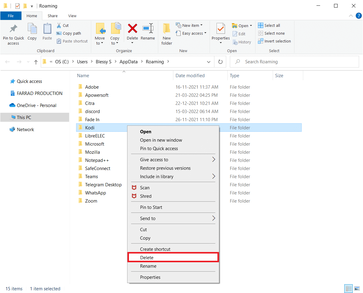 Right click on the Kodi folder and click on the Delete option 