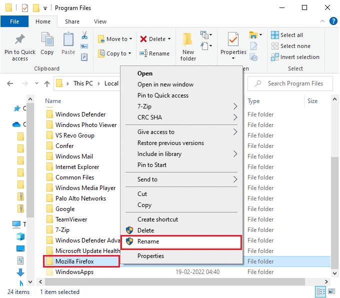 right-click on the Mozilla Firefox folder and select the Rename option. Rename the folder to something like Old files