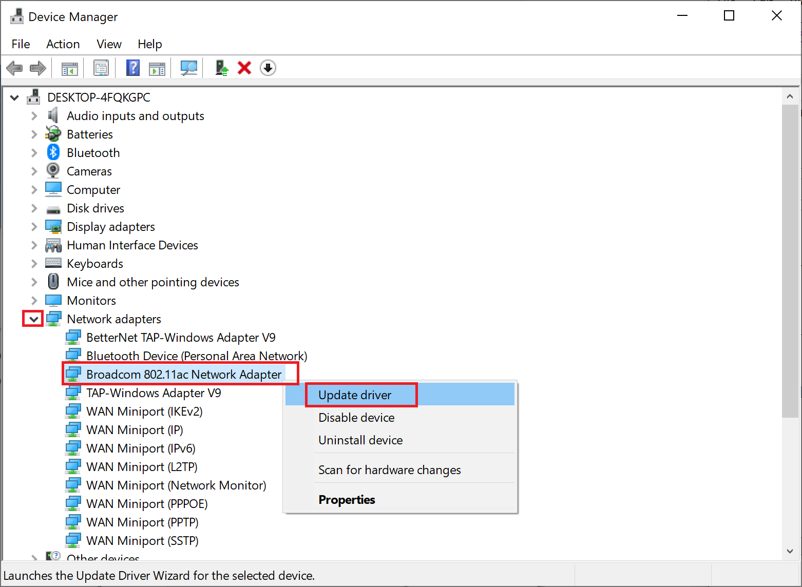 Right-click on the network driver and click on Update driver