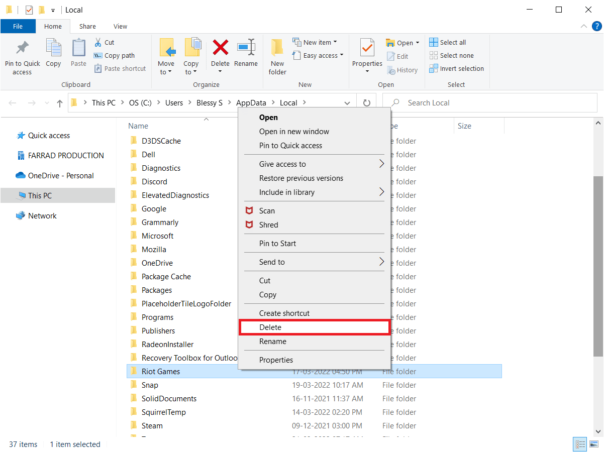 Right-click on the Riot games folder and select Delete