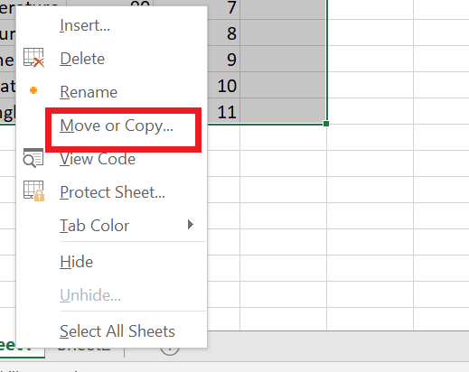 Right-click on the select the sheet bar and choose Move or Copy | How to Split Excel File into Multiple Files by Row