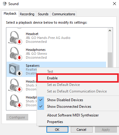 right click on the Speaker again and click enable. Fix Skype Error with Playback Device on Windows 10