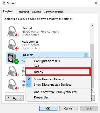 Right click on the Speaker and click disable