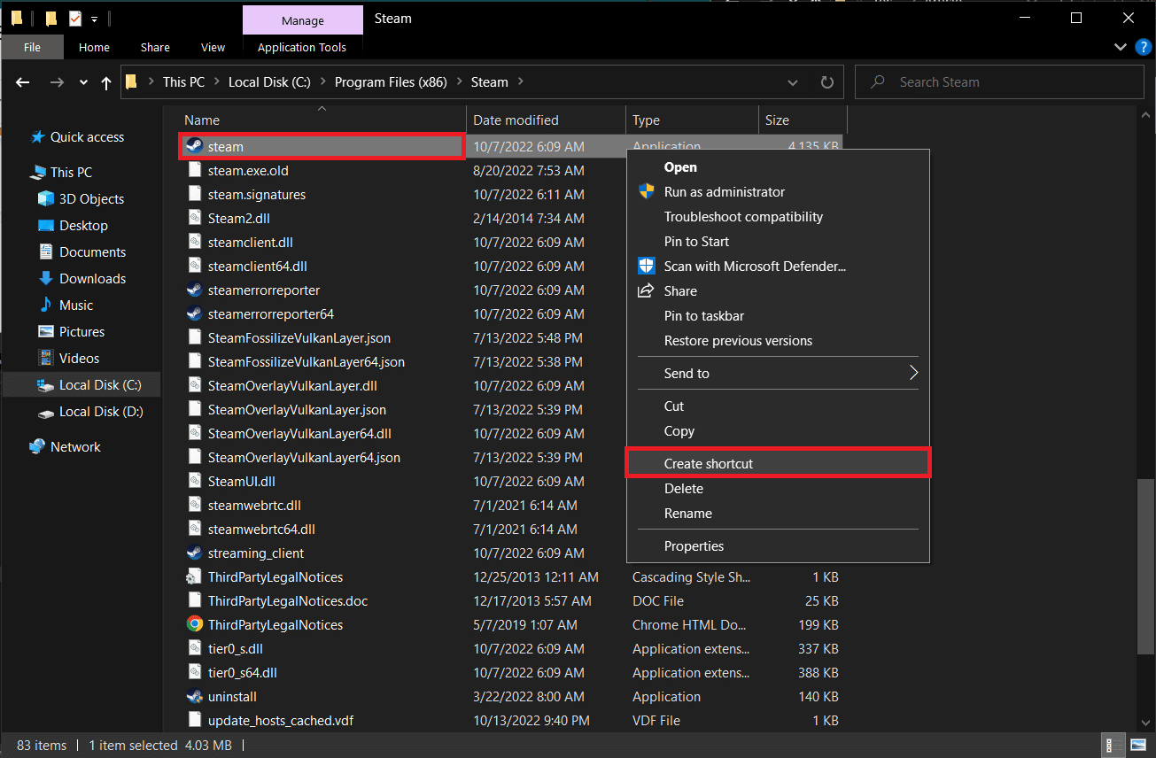 Right click on the Steam application file and select Create shortcut