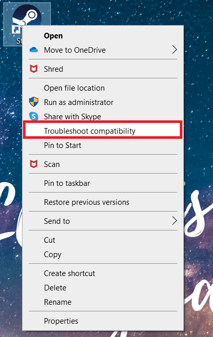 Right click on the Steam client and select Troubleshoot compatibility