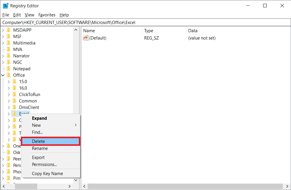 Right-click on the subkeys Word and Excel and select Delete to remove them