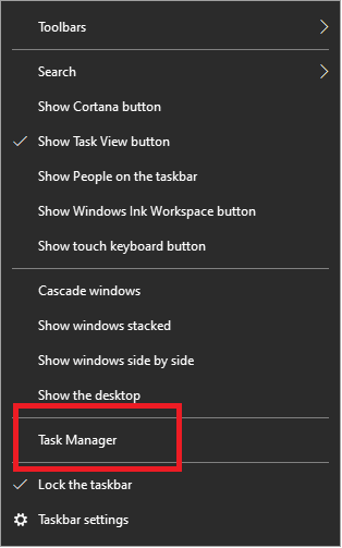 Right-click on the Taskbar and select Task Manager | Solved: Cursor Blinking in Windows 10