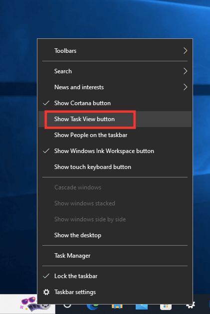 right click on the taskbar and selecting Show Task View button to turn on task view