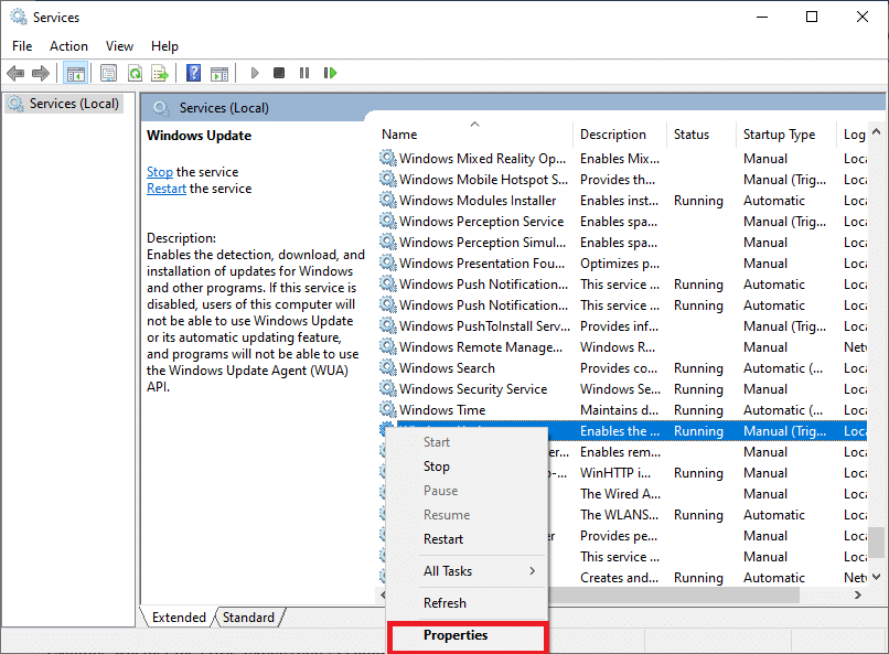 right-click on the Windows Update service and select Properties.