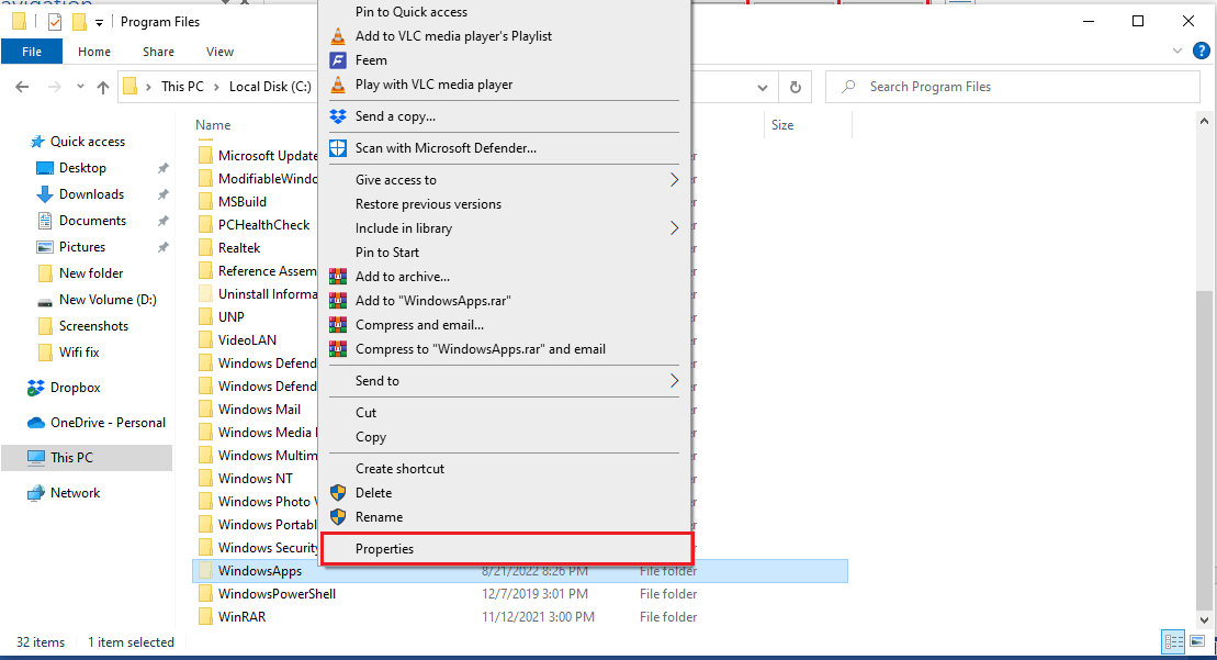 Right click on the WindowsApps folder and click Properties