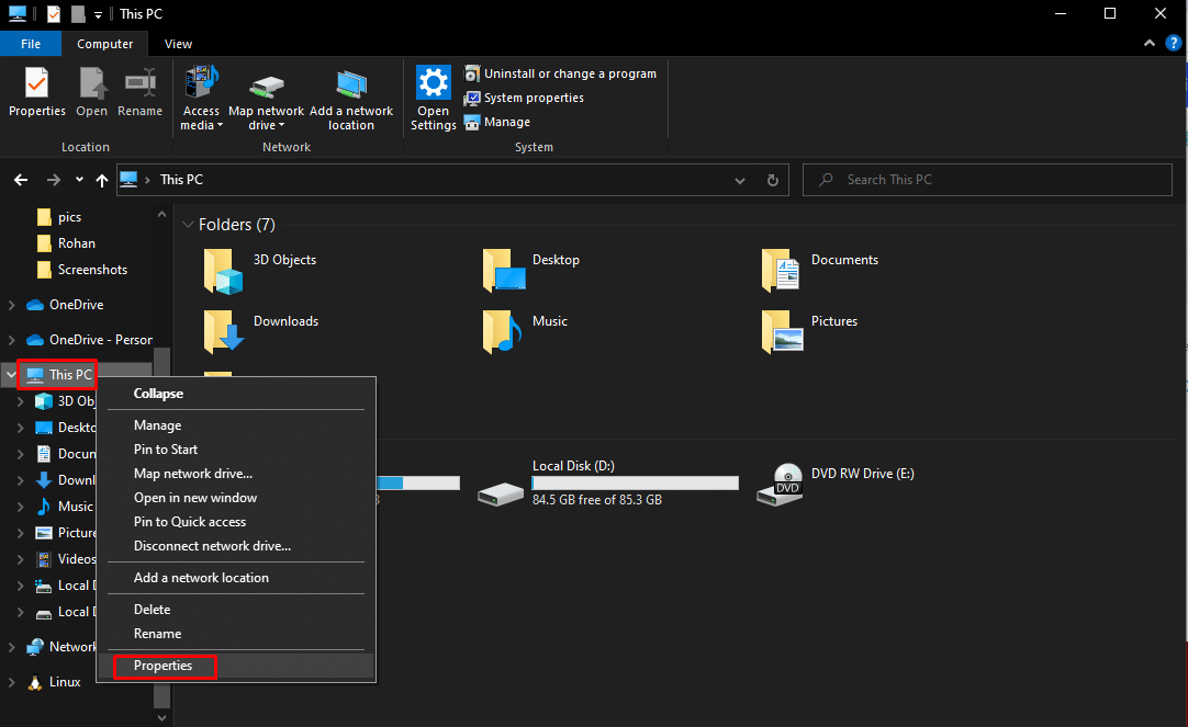 Щракнете с десния бутон върху този компютър и изберете Properties. Как да коригирате системата не може да намери пътя, посочен в Windows 10