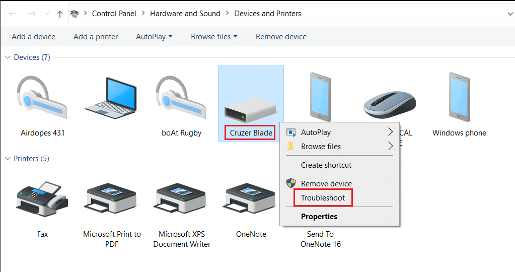 Щелкните правой кнопкой мыши USB-устройство и выберите опцию устранения неполадок в окне «Устройства и принтеры». Исправить сбой запроса неизвестного дескриптора USB-устройства в Windows 10