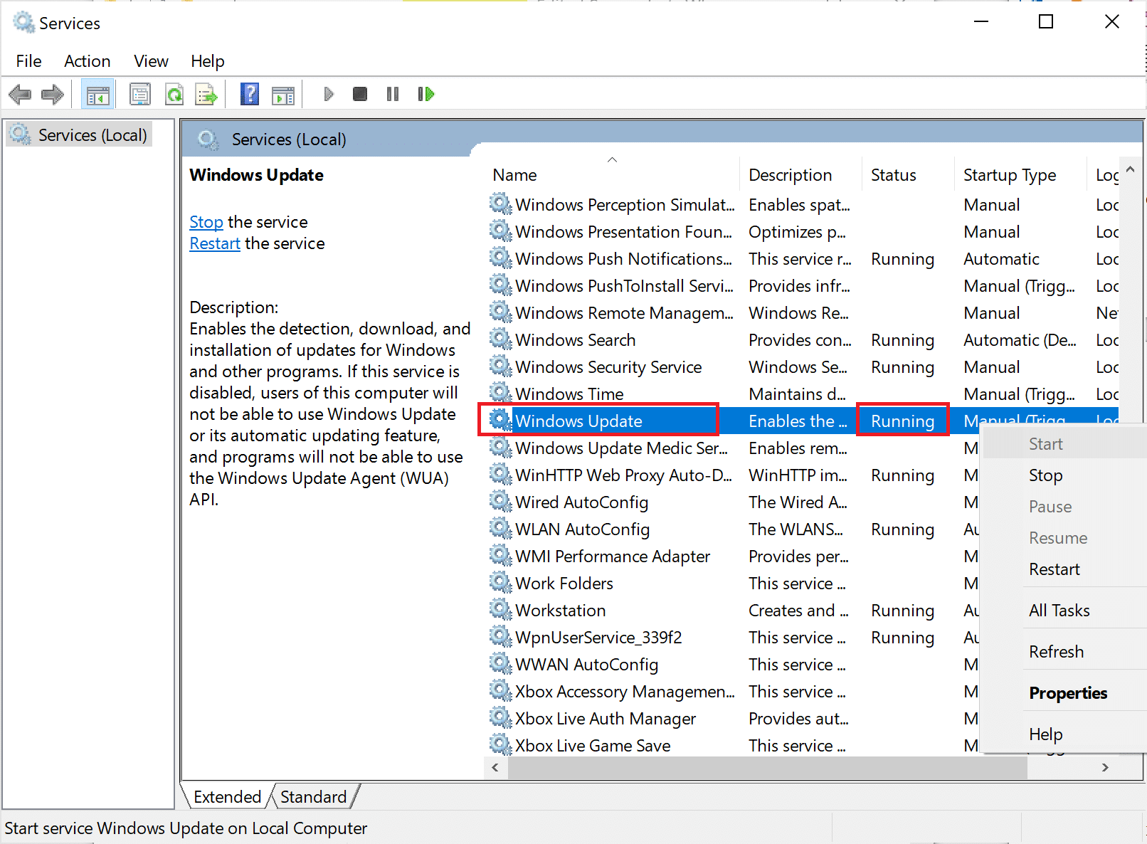 Right-click on Windows Update service and choose Start