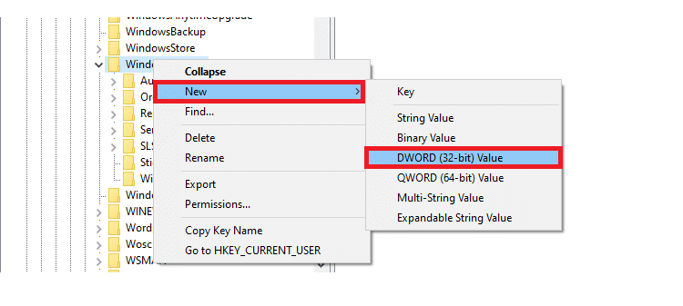 WindowsUpdate를 마우스 오른쪽 버튼으로 클릭하고 새로 만들기로 이동하여 DWORD 32비트 값을 선택합니다.