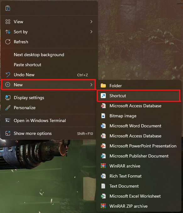 Right-click anywhere in the empty space on the desktop, and click the New option. Then, click the Shortcut option to create a customized desktop shortcut | how to force quit a program on Windows 11