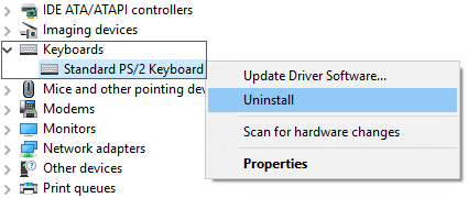 Right-click on your keyboard device & select Uninstall | Fix Backspace Not Working in Windows 10