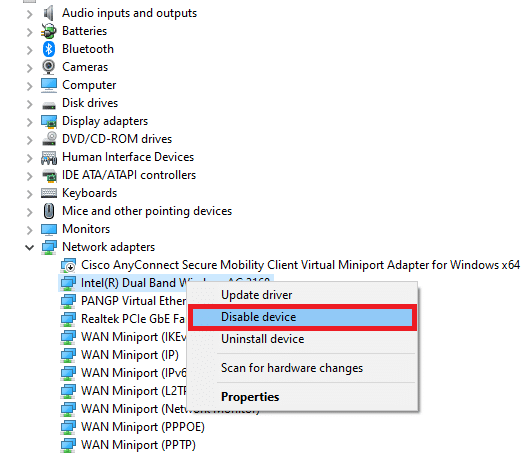 right-click on your Network driver and select the Disable device option