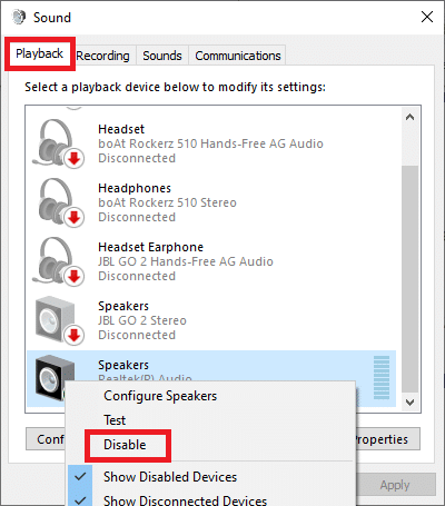 Right-click Speakers and choose Disable.
