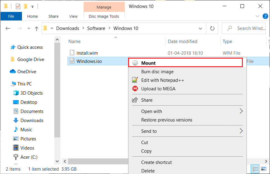 kliknij prawym przyciskiem myszy plik ISO, który chcesz zamontować. następnie kliknij opcję „Zamontuj”.
