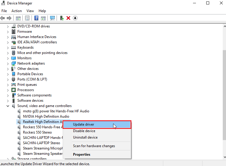 right click the active audio driver and click update driver
