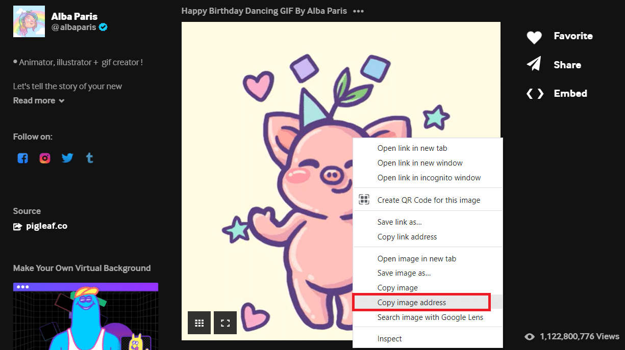 Right click the GIF and select Copy image address