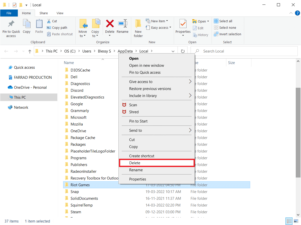 Right-click the Riot games folder and select Delete