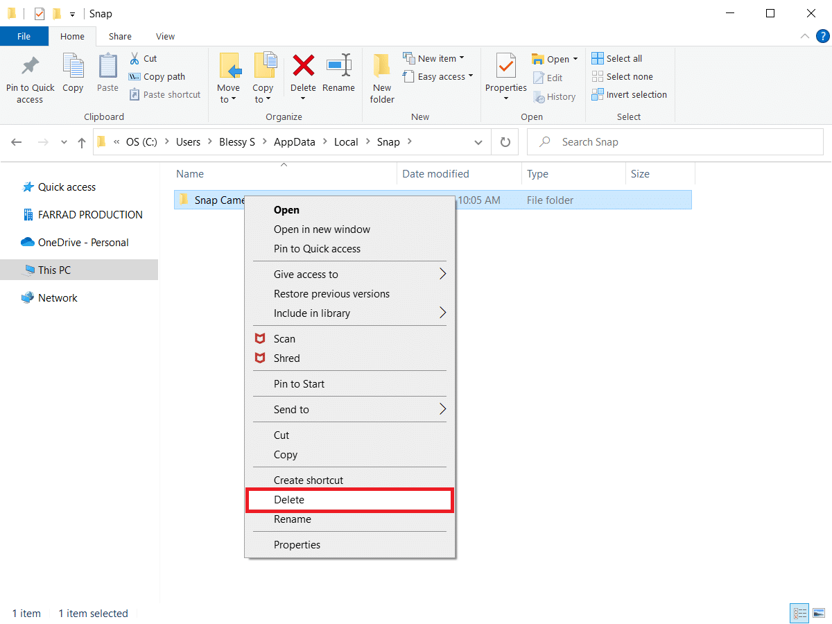 Right-click the Snap Camera folder and select Delete