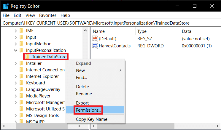 Right click the TrainedDataStore in the left navigation pane and choose Permissions from the context menu