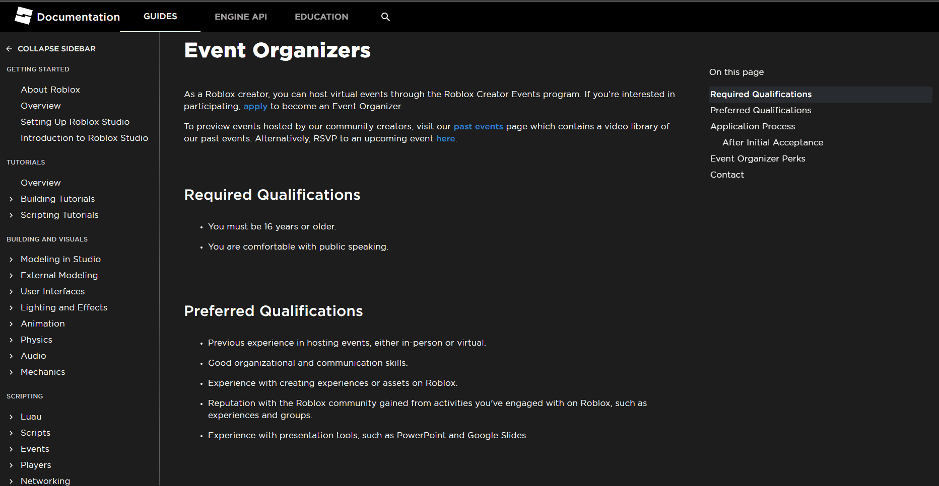 roblox event organizers documentation page