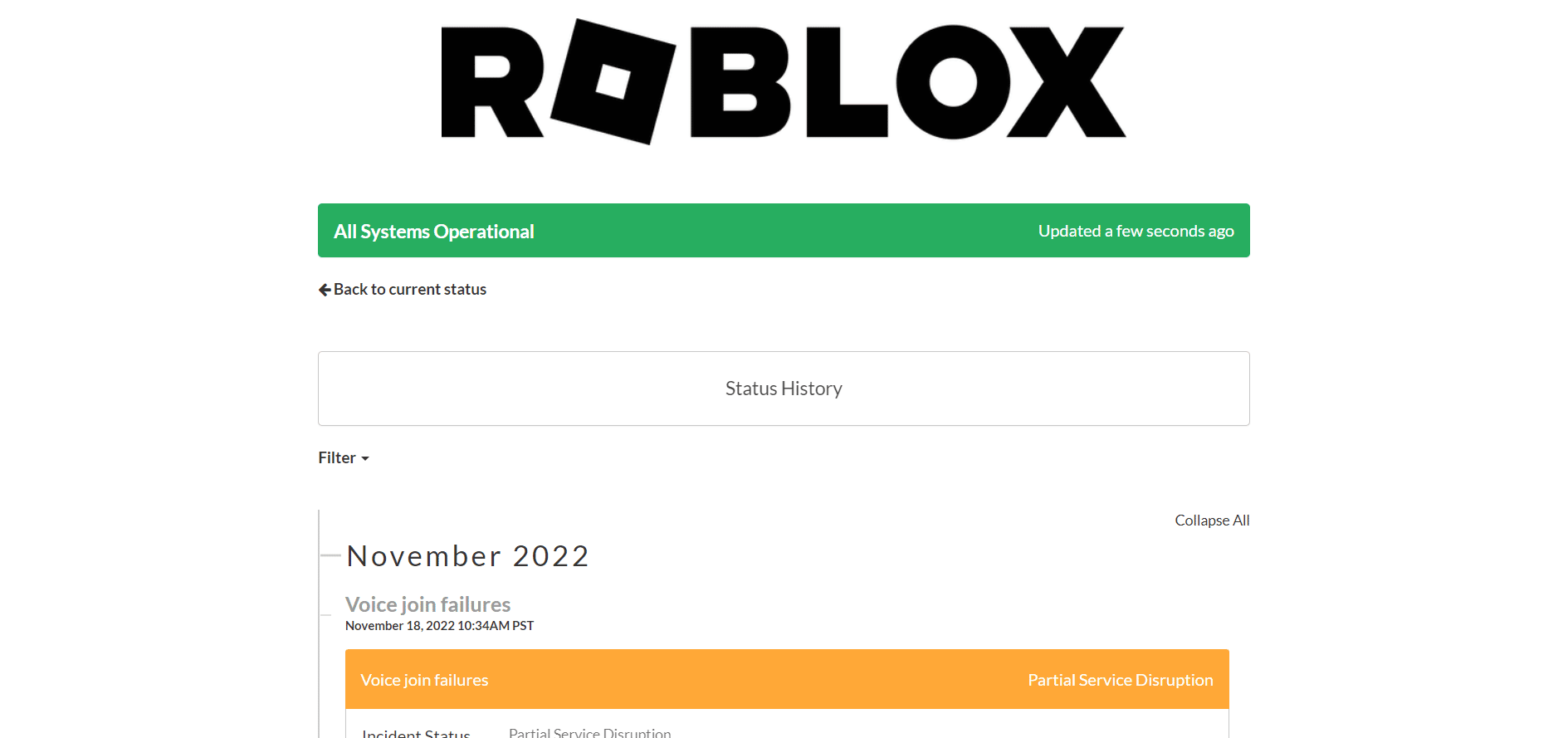 Roblox Status page