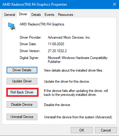Roll Back driver option in device properties