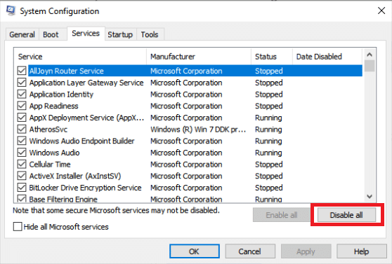 Run clean boot. Fix Set User Settings to Driver Failed in Windows 10
