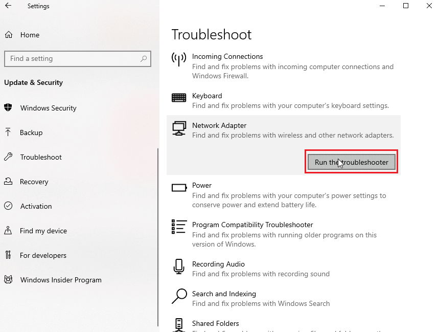 Run Network Adapter troubleshooter