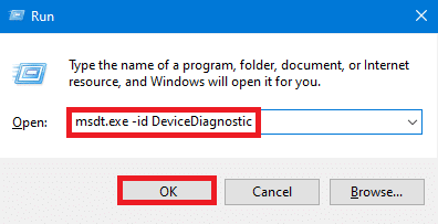 Jalankan jendela dengan msdt.exe -id DeviceDiagnostic . Perbaiki Kesalahan Layar Biru Windows 10
