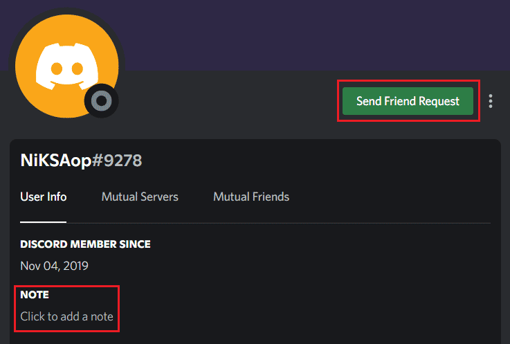save a NOTE about the person in case you wish to visit again or send them a friend request by clicking on Send Friend Request | How to Appear Offline to One Server in Discord